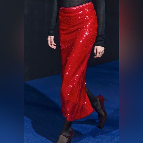 ZARA ZW COLLECTION RED SEQUIN SKIRT - Picture 5 of 16